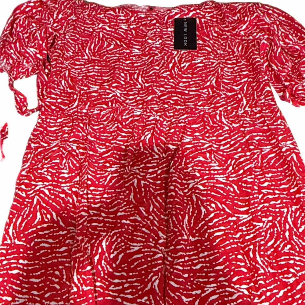 New Look Red Animal Print Tie Sleeve Tiered Midi Dress | NWT | Sz 4 - Picture 6 of 8